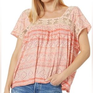 NWT Lucky Brand Square Neck Printed Beach Top Peach Paisley Lace Boho.  10